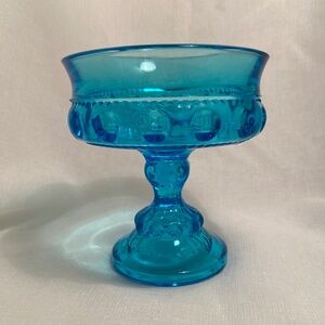 Kings Crown Thumbprint Laser Blue Glass Compote Pedestal Dish